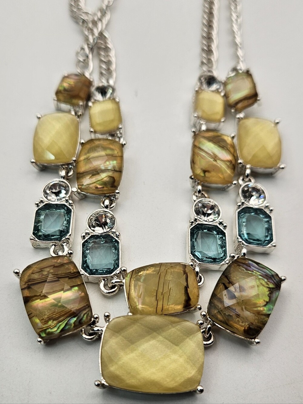 Napier Vintage Statement Necklace Yellow Iridescent Silver Tone Signed